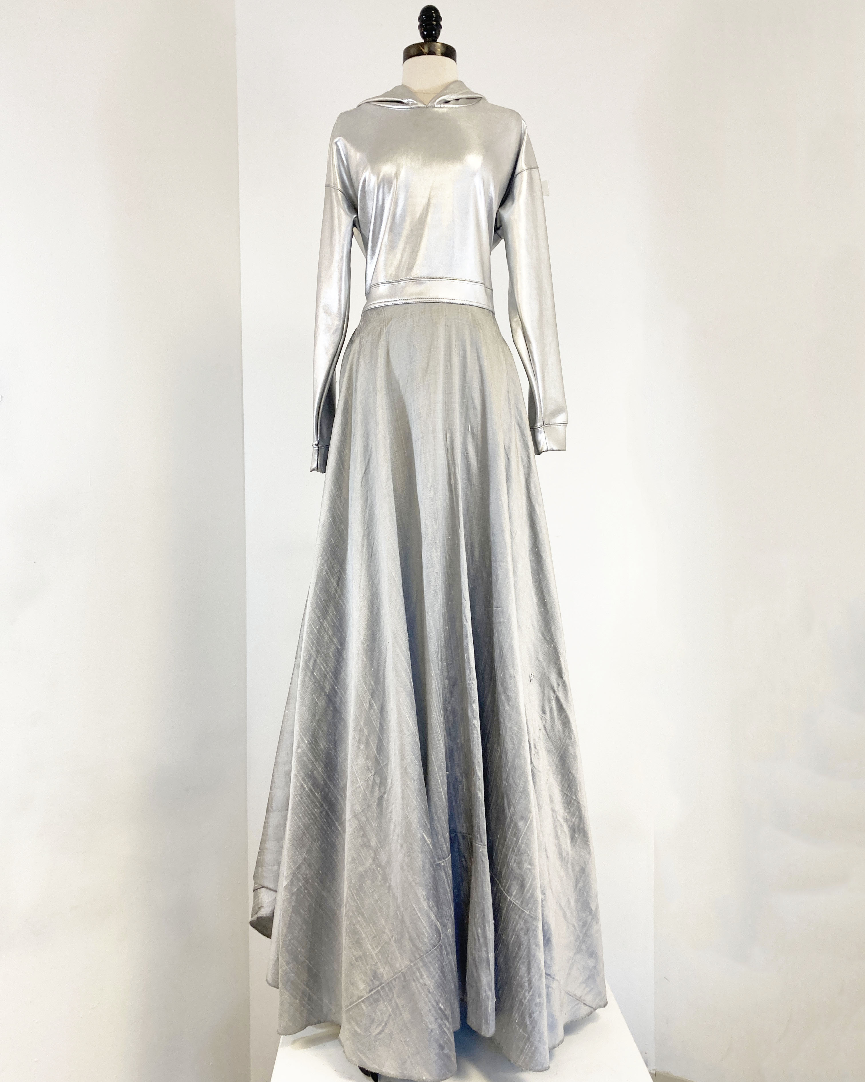 Silk a-line evening dress w/ silver vinyl hoodie top