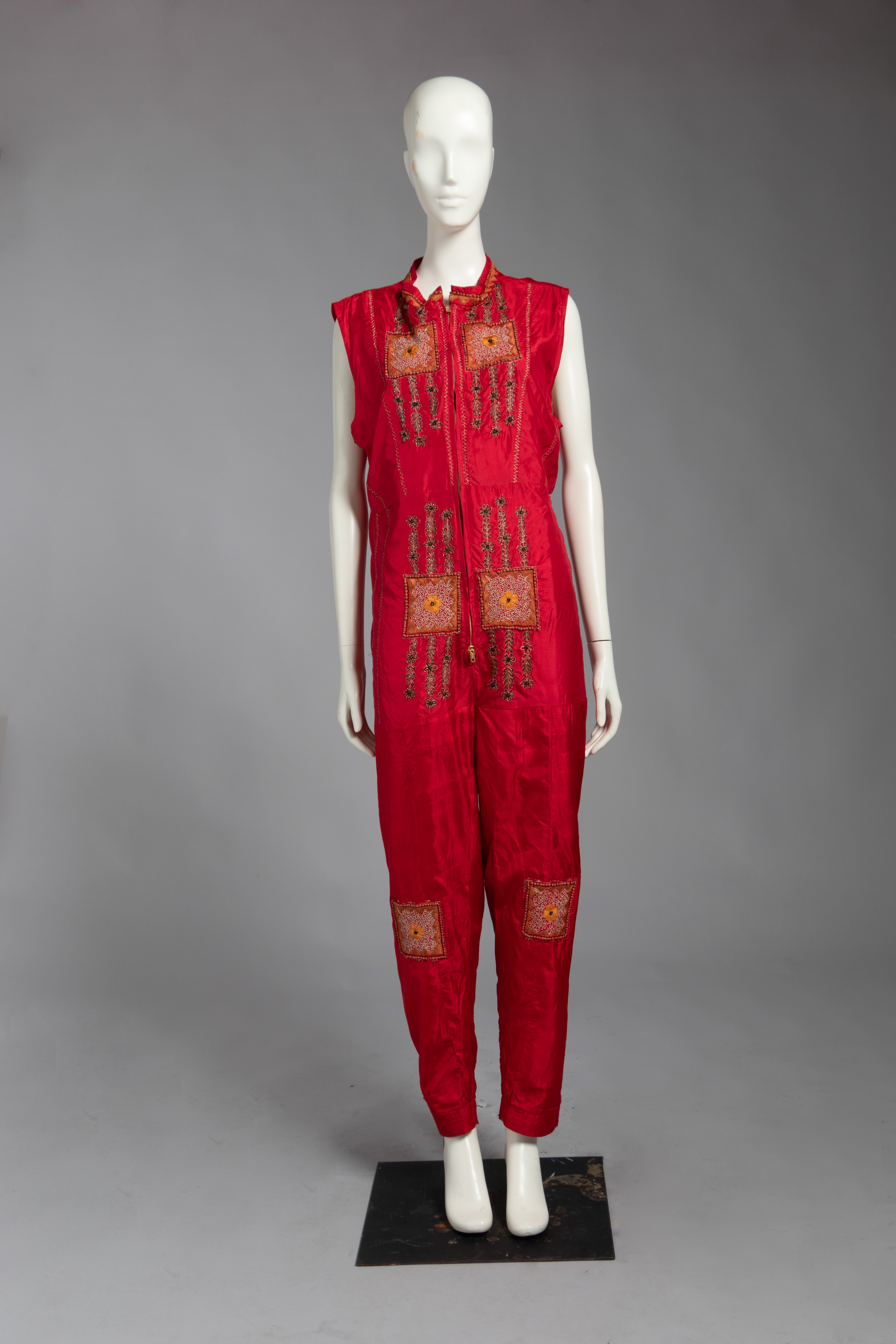 Red Silk Beaded Single-Zip Long Jumper