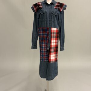 Blue Denim and Plaid Shoulder Pad Shirt Dress