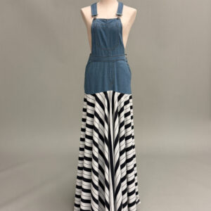 Blue Denim and Black-and-White Striped Overall Dress