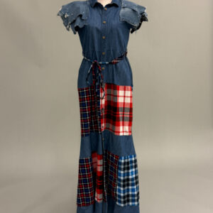 Blue Denim and Plaid Patchwork Long Dress